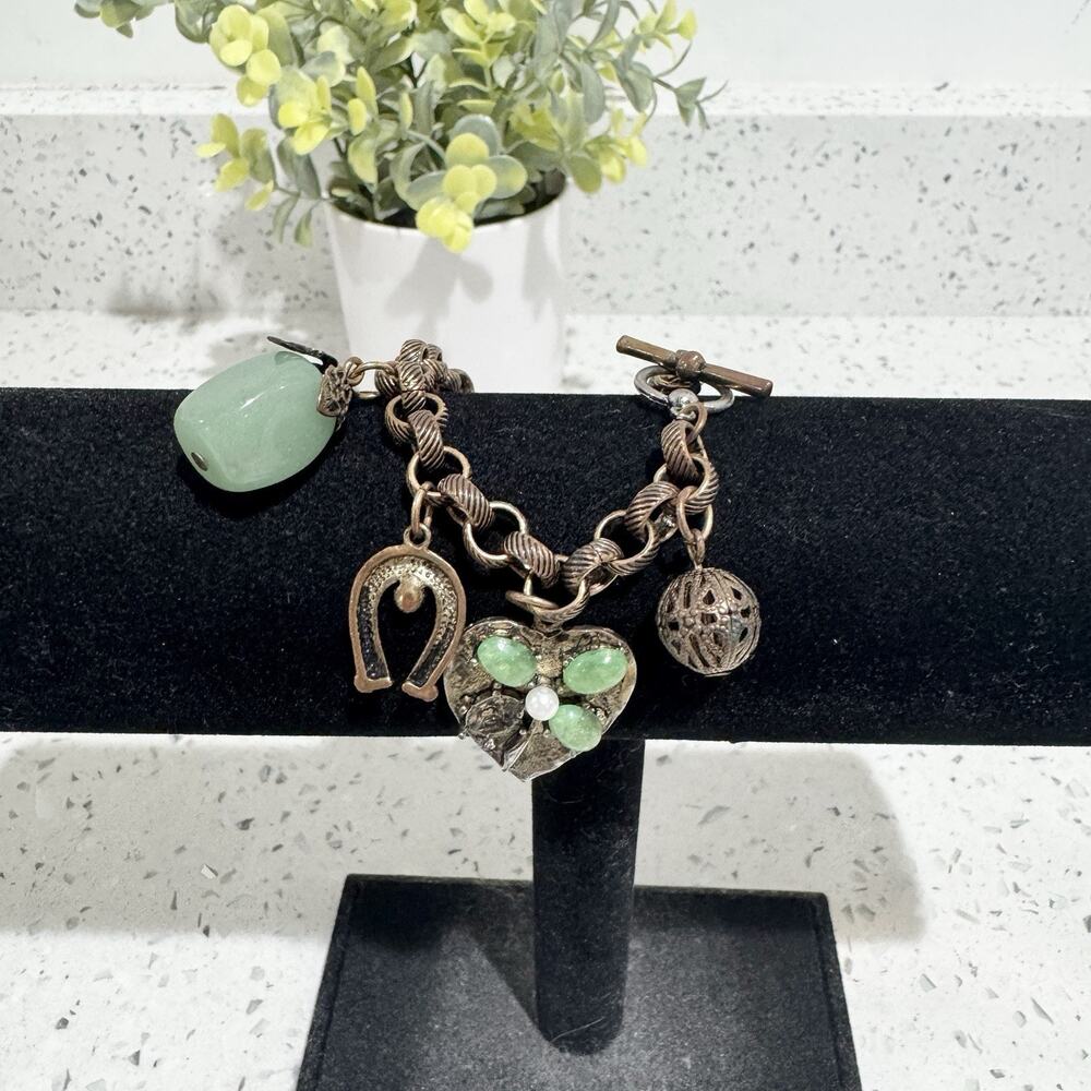 Good Luck & Lucky 8 Charms Coppery Goldtone Bracelet 7 1/4” Shamrock, Horseshoe